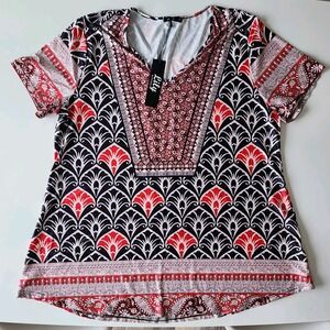 LILY BY FIRMIANA Tunic Top Womens 3XL Plus Siz Red White Black Stretch Shirt NEW